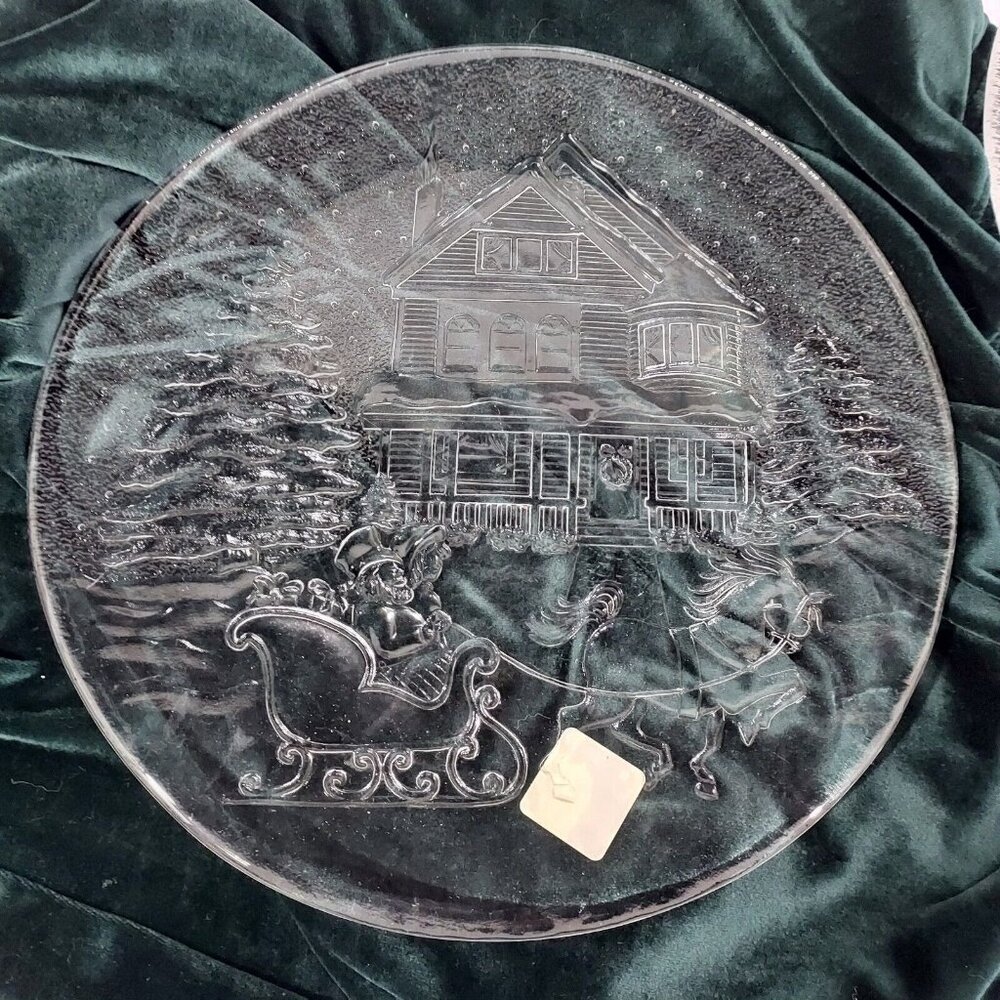 Libby Winter Christmas Holiday Sleigh Ride Clear Glass Serving Platter Plate